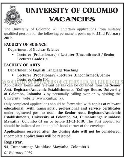 Lecturer, Senior Lecturer - University of Colombo